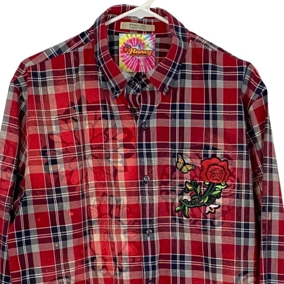 Handmade Boho Flannel Shirt Size Large XL Plaid Embroidered Floral Bleached Red - Picture 3 of 15